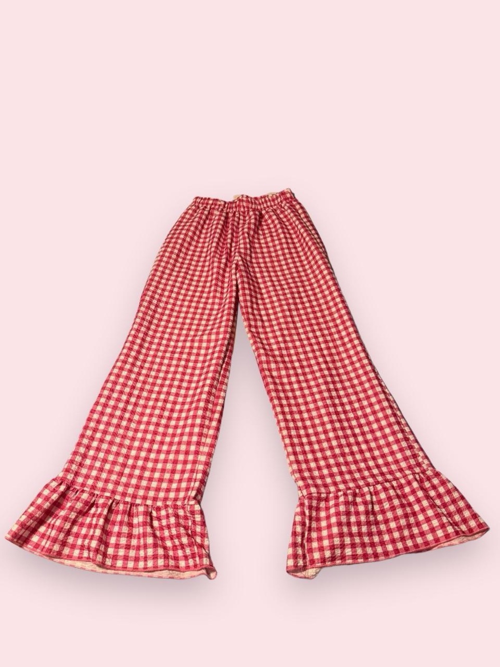 Boutique Wide Leg Raspberry Pink Gingham Ruffle Hem Pants